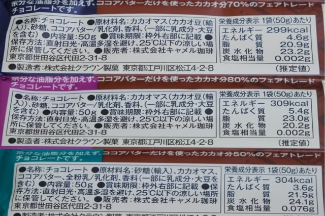 カルディ フェアトレードチョコレートの3種類のカロリー