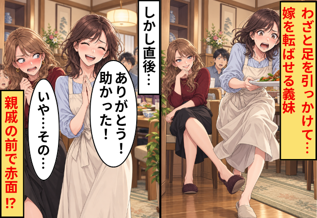 わざと足を引っかけて…嫁を“転ばせる”義妹。しかし直後⇒嫁「ありがとう！助かった！」義妹「いや…その…」親戚の前で赤面！？