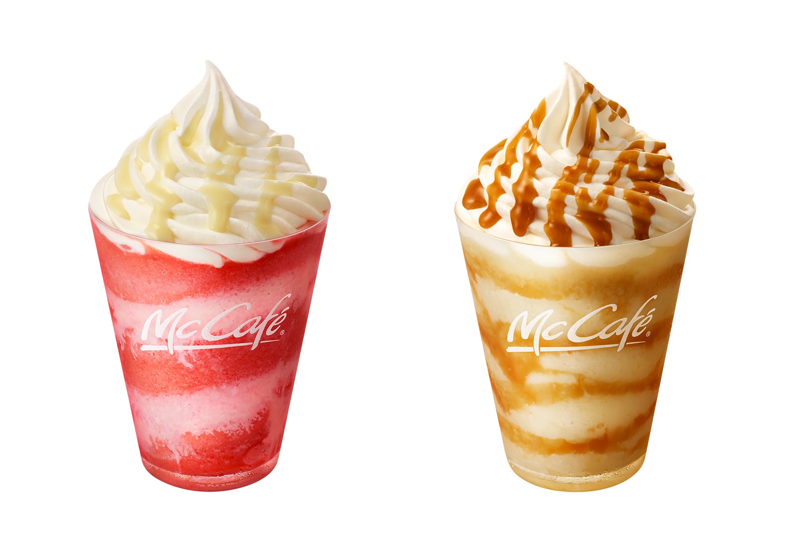 「いちご練乳フラッペ」「バナナキャラメルフラッペ」／画像提供：日本マクドナルド