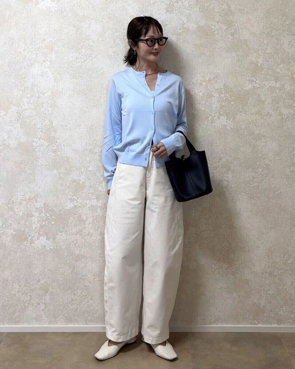 2026春ユニクロ大人女性おすすめUVカットクルーネックカーディガンお手本コーデ