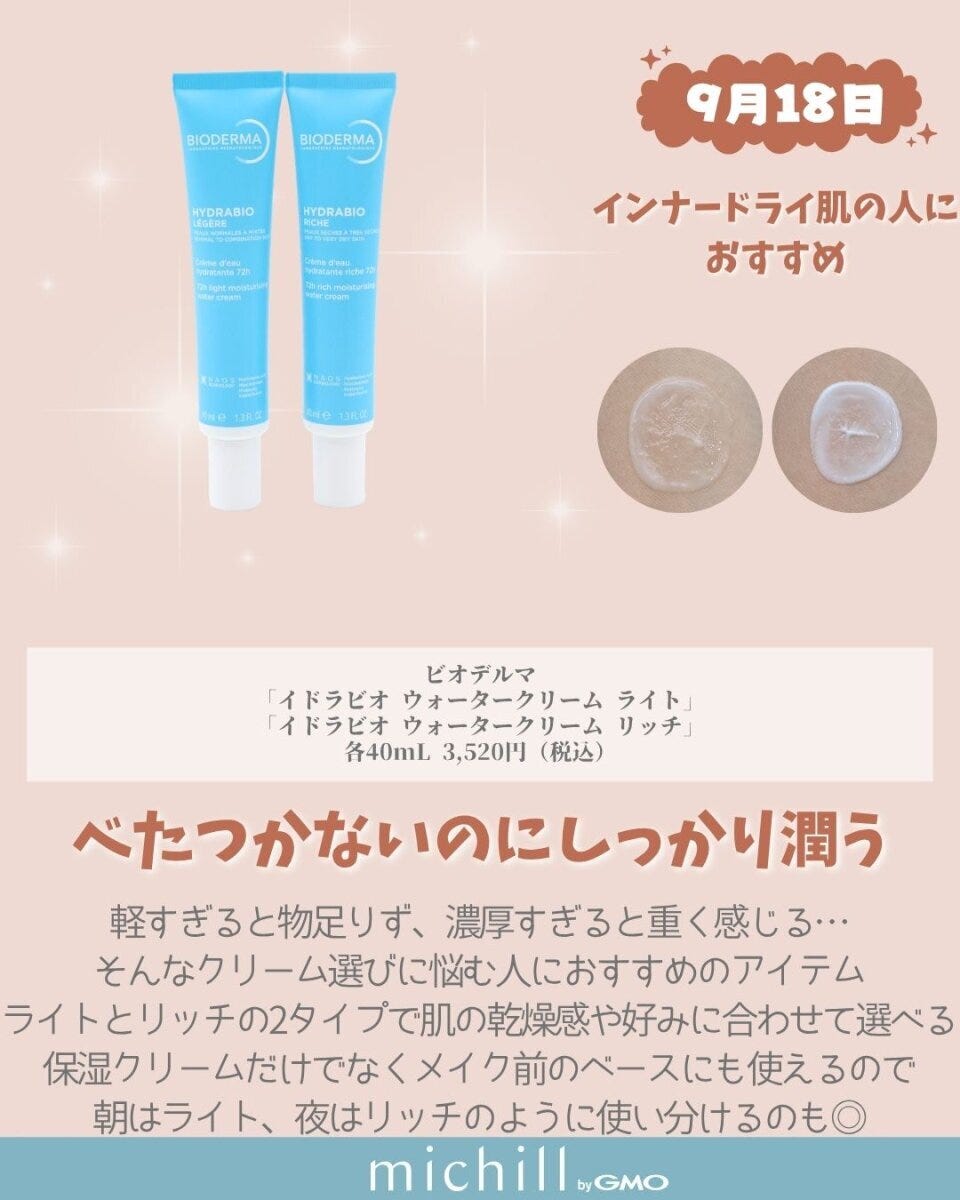 ビオデルマのウォータークリーム2種と肌に塗った様子
