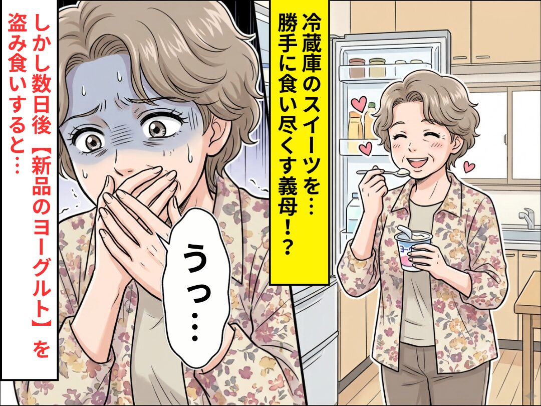 冷蔵庫のスイーツを…勝手に食い尽くす義母！？しかし数日後⇒“新品のヨーグルト”を盗み食いすると「うっ…」口元を押さえたワケ