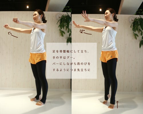 足を骨盤幅にして立ち、 手の平はグー。 パーにしながら背のびを するようにつま先立ちに