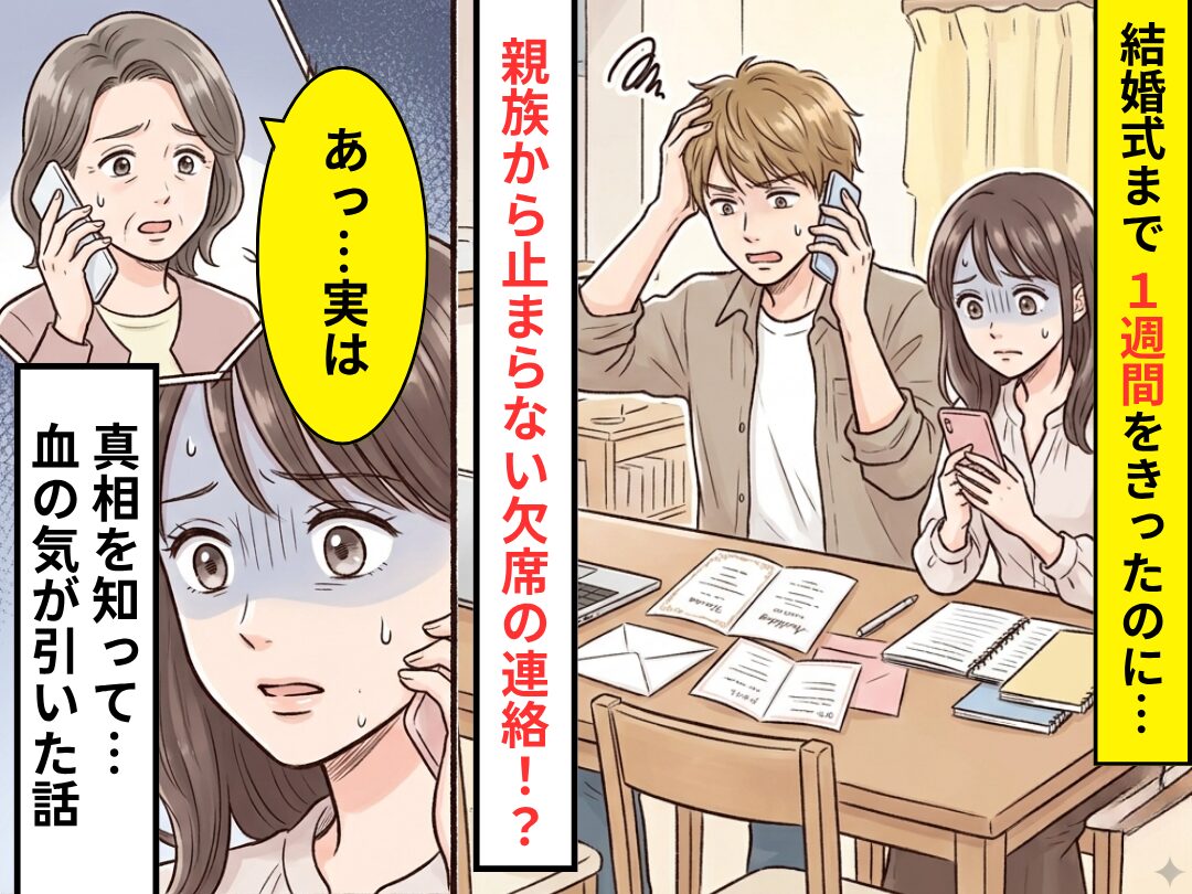 結婚式まで1週間をきったのに…親族から次々と欠席連絡が！？理由を尋ねると⇒「あっ…実は…」新婦の血の気が引いた話
