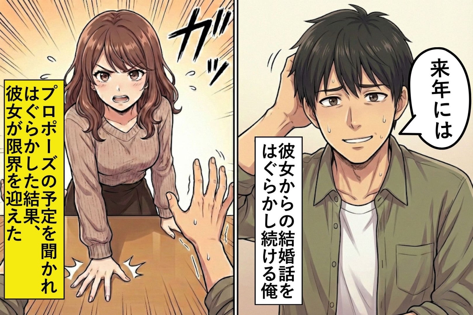 「来年には」と彼女からの結婚話をはぐらかし続ける俺→結婚する気があるのか問われ、はぐらかした結果、彼女が限界を迎えてしまい、すべてを失った