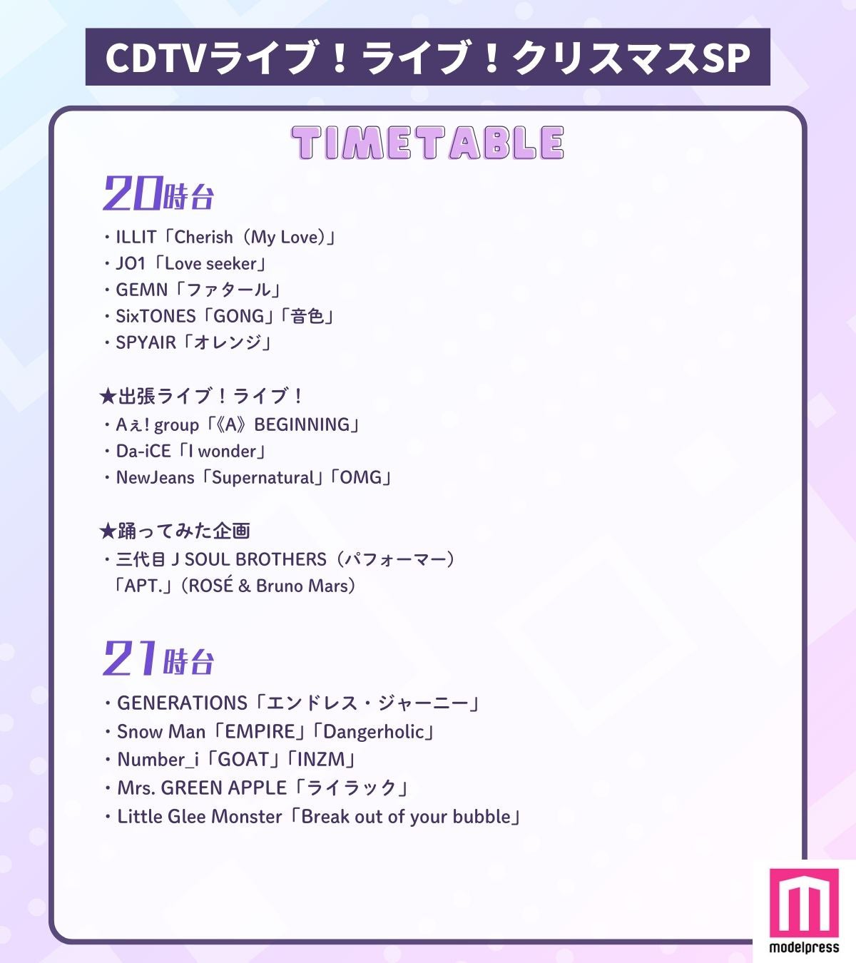 「CDTVライブ！ライブ！クリスマスSP」タイムテーブル