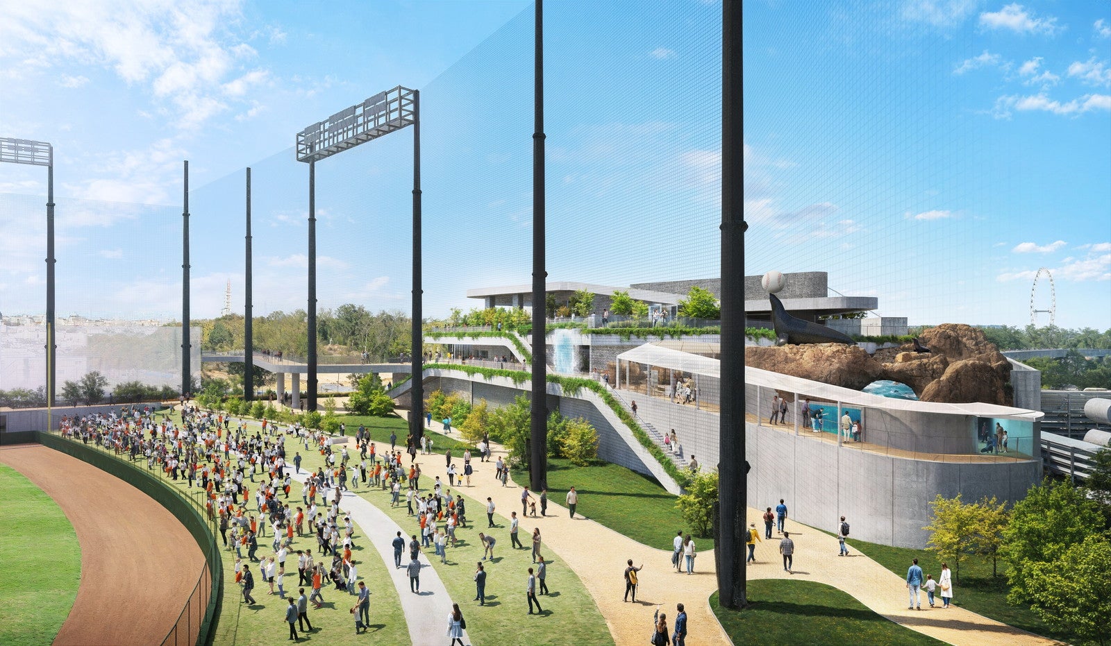 球場の外野席からコンコースを通って水族館に行き来できる（イメージ）／提供素材