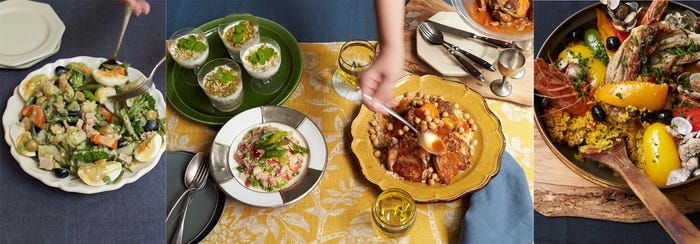 魚介類をたっぷり使った地中海料理の定番「パエリア」や、色鮮やかな「ホットサラダ」、ダイエット食として人気上昇中「クスクス」のレシピも掲載(提供写真)