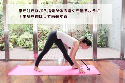 息を吐きながら指先が体の遠くを通るように上半身を伸ばして前傾していきます。