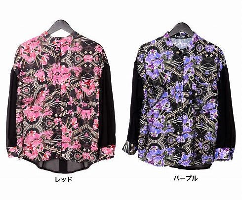 シフォン切替リゾート花柄ハイビスカスフラワープリントバックシースルーカットソー長袖チュニックシャツブラウス「Re:EDIT by GALSTAR」7,350円(税込)/画像提供:Re:EDIT by GALSTAR