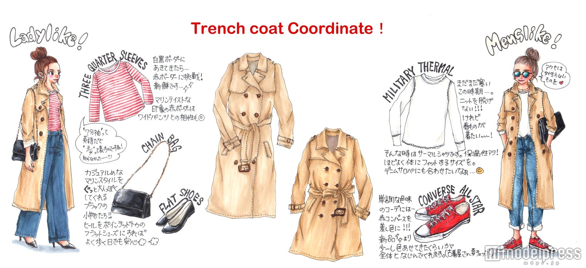 春の定番トレンチは赤×デニムで決まり！「いい女風」＆「少年風」どちらが気分？ 