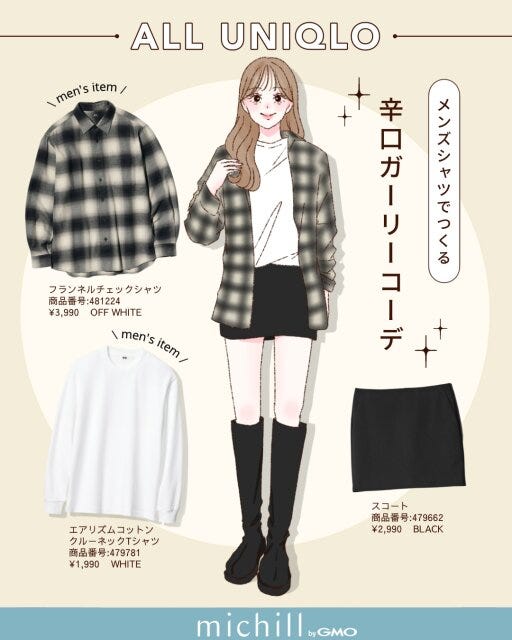 ユニクロ メンズアイテム トレンドコーデ 6スタイル kyoko. イラスト メンズシャツでつくる♡辛口ガーリーコーデ
