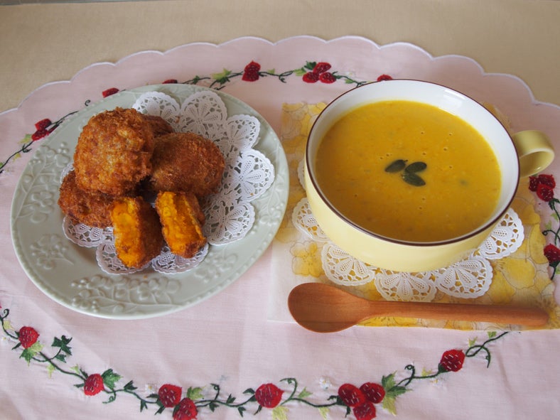 「かぼちゃコロッケ → 濃厚かぼちゃスープ」