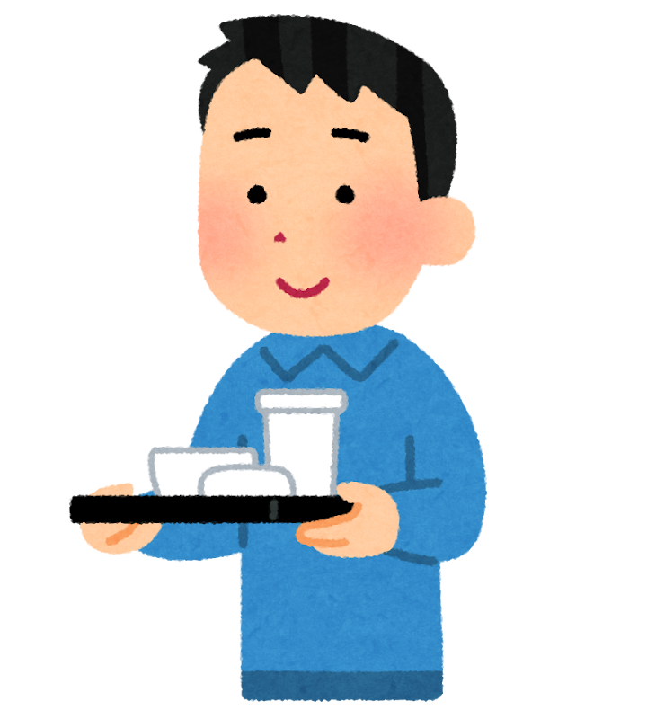 トレイを運ぶ人のイラスト(男性)