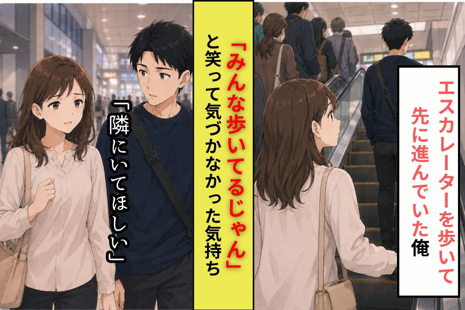 エスカレーターで先に行く俺、「隣にいてほしい」と彼女に言われた日