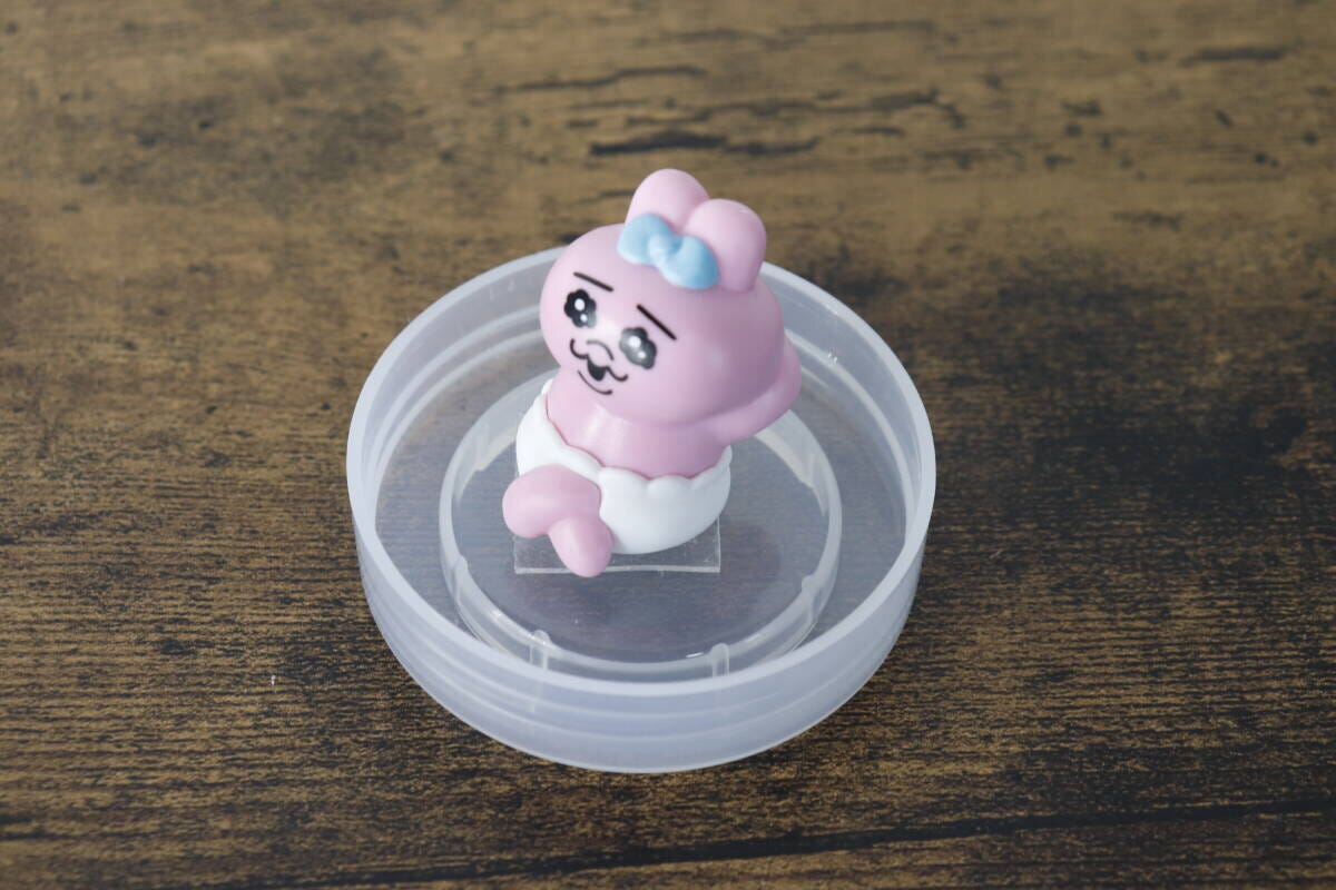 透明な蓋の中に立つピンク色の小さなウサギのマスコット