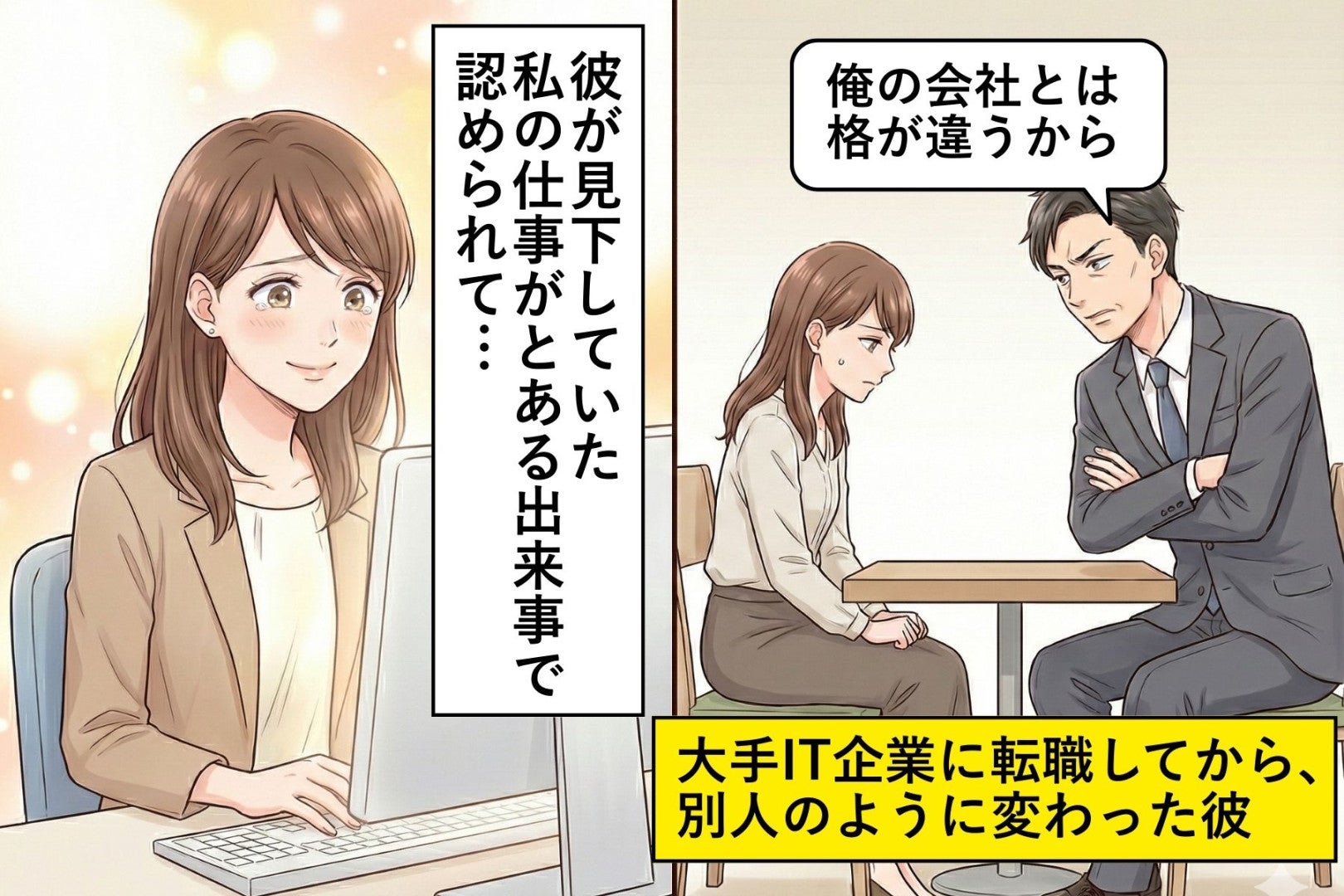 「俺の会社とは格が違うから」転職した彼氏のマウントが止まらない。ある日、彼の同僚が私の職場を訪れて…