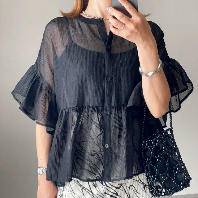 coca　シアーフリルブラウス　BLACK