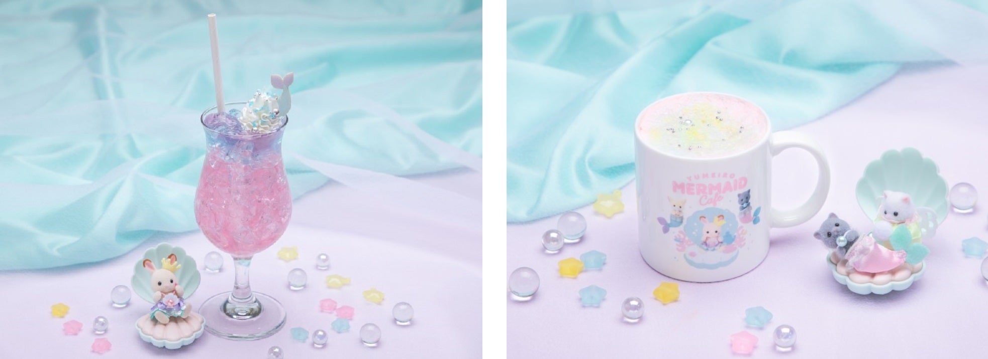 マーメイドゼリーソーダ税込990円、ゆめいろクリーミーラテ税込880円（C）EPOCH