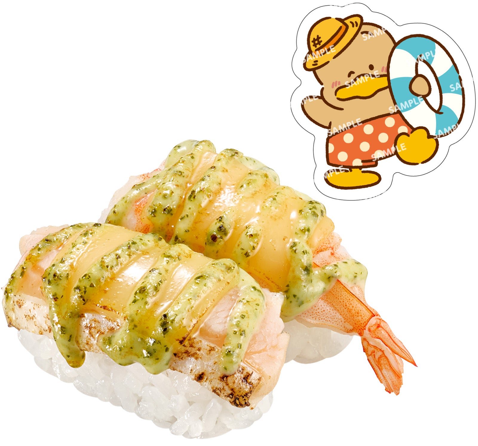 炙りえびバジル・サーモンバジル はぴだんぶいコラボ限定ピック付き税込220円～（C）2025 SANRIO CO．，LTD．APPROVAL NO．L660170