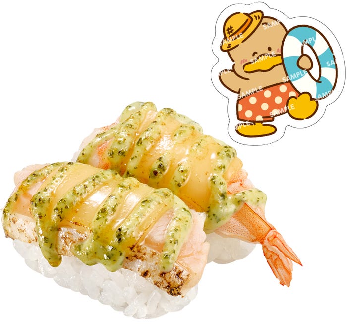 炙りえびバジル・サーモンバジル はぴだんぶいコラボ限定ピック付き税込220円~(C)2025 SANRIO CO.,LTD.APPROVAL NO.L660170