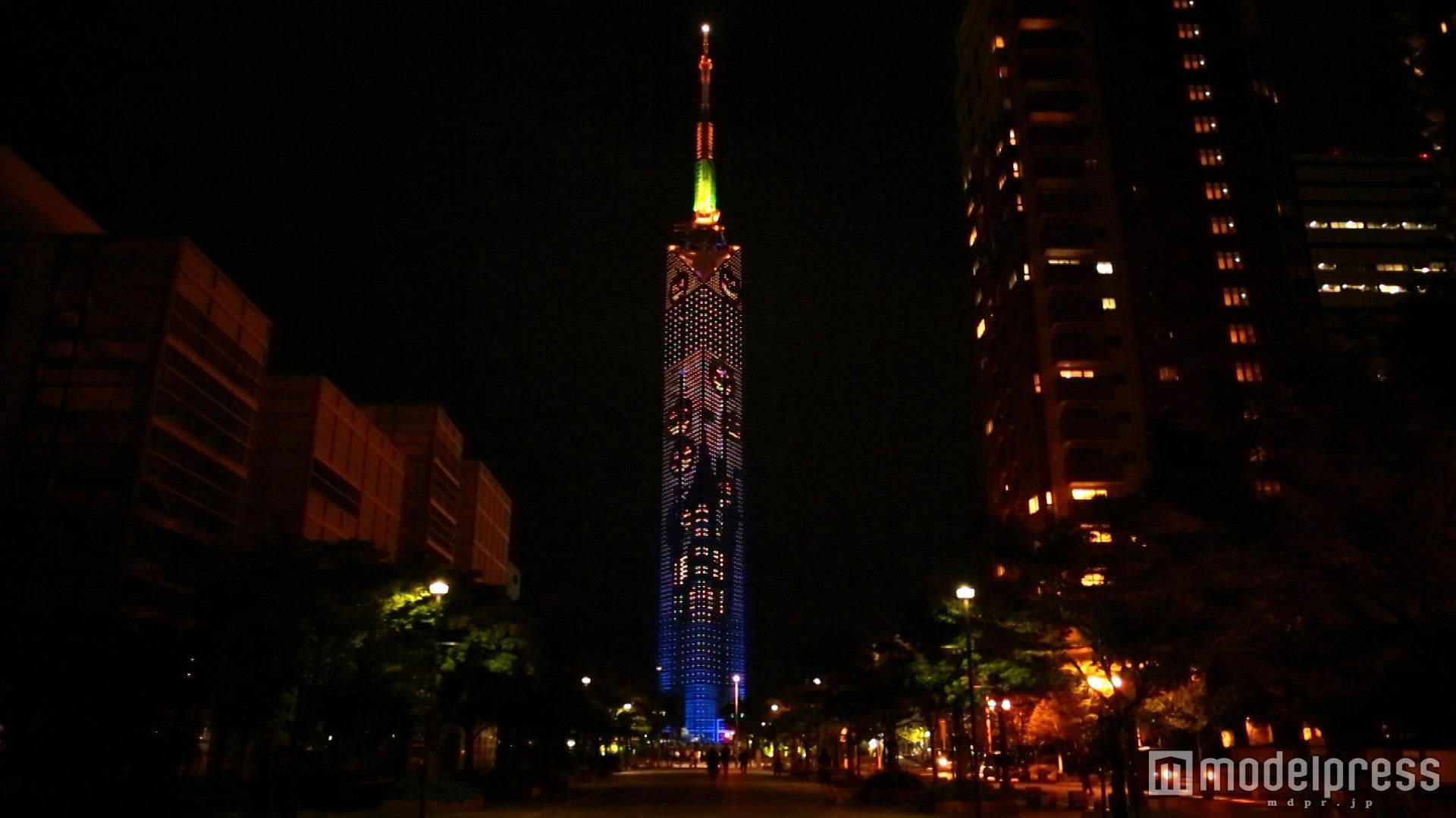 日本初の“動くイルミ”福岡タワーで点灯　夜空に浮かび上がる不気味なハロウィン演出