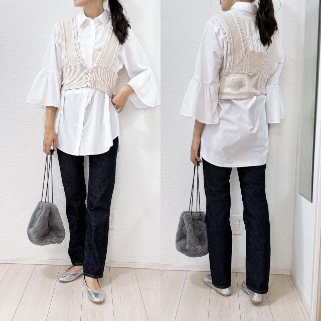 GU　フレアスリーブロングシャツ　ニットベスト　レイヤード　コーデ