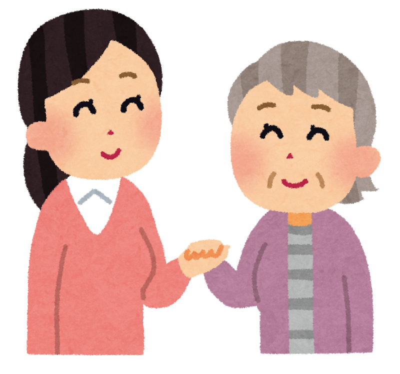 お年寄りの手を取る女性のイラスト