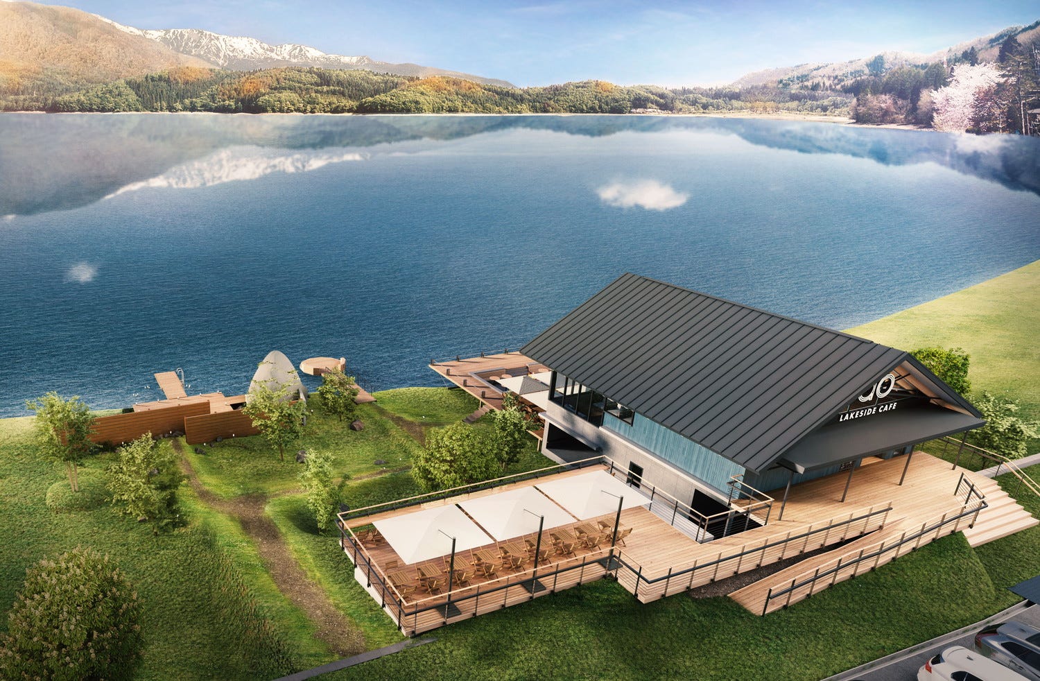 長野に湖畔カフェ&サウナの複合施設、2023年秋開業 湖にダイブし北アルプスの涼風で外気浴