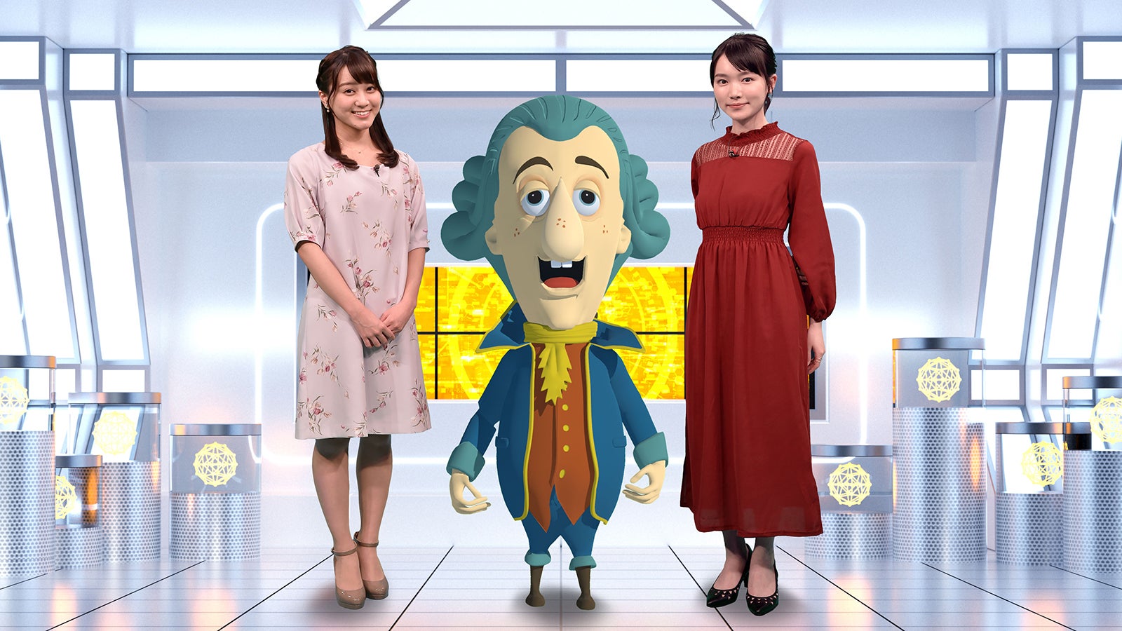 （左から）池谷麻依アナウンサー、サン・ジェルマン伯爵、小川紗良（C）テレビ朝日