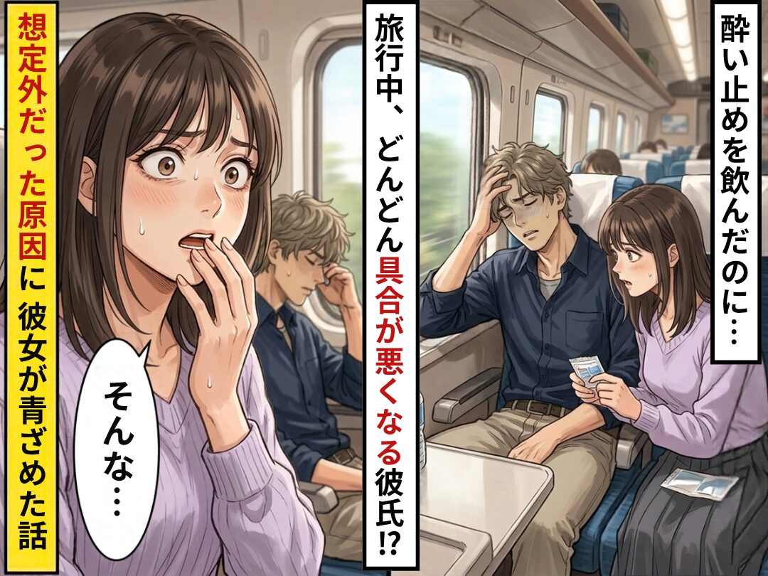 酔い止めを飲んだのに…旅行中、どんどん具合が悪くなる彼氏！？⇒“想定外だった原因”に「そんな…」彼女が青ざめた話