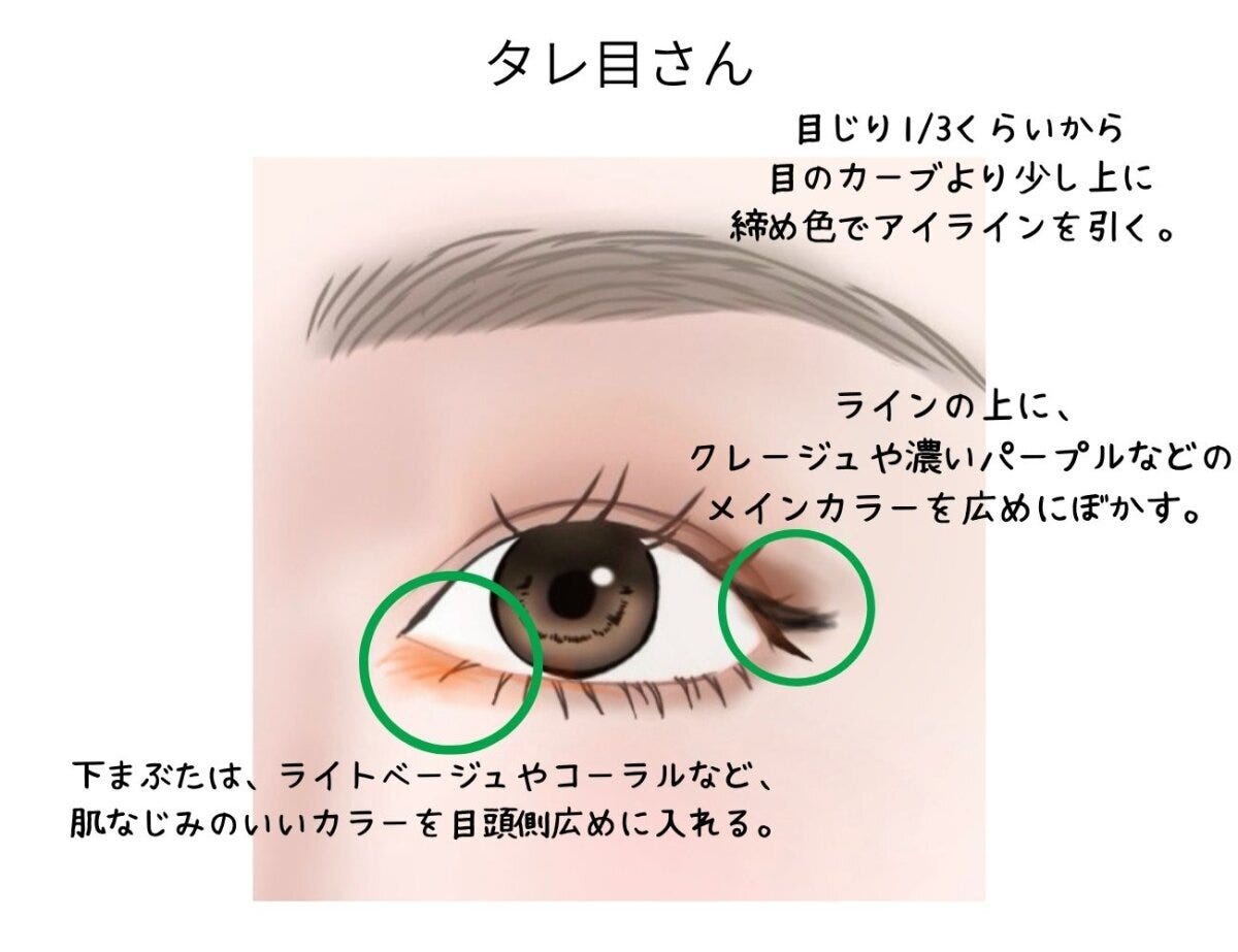 タレ目さん向けアイラインと下まぶたカラーの解説イラスト