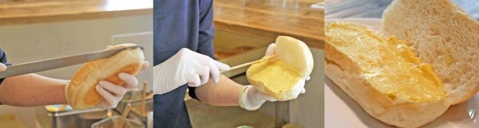 末広町のコパンドゥ3331、コッペパンにクリームを塗っている様子