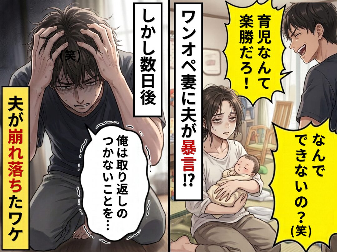 「育児楽勝！なんでできないの？（笑）」ワンオペ妻に夫が暴言！？しかし数日後⇒夫「俺は取り返しのつかないことを…」崩れ落ちたワケ