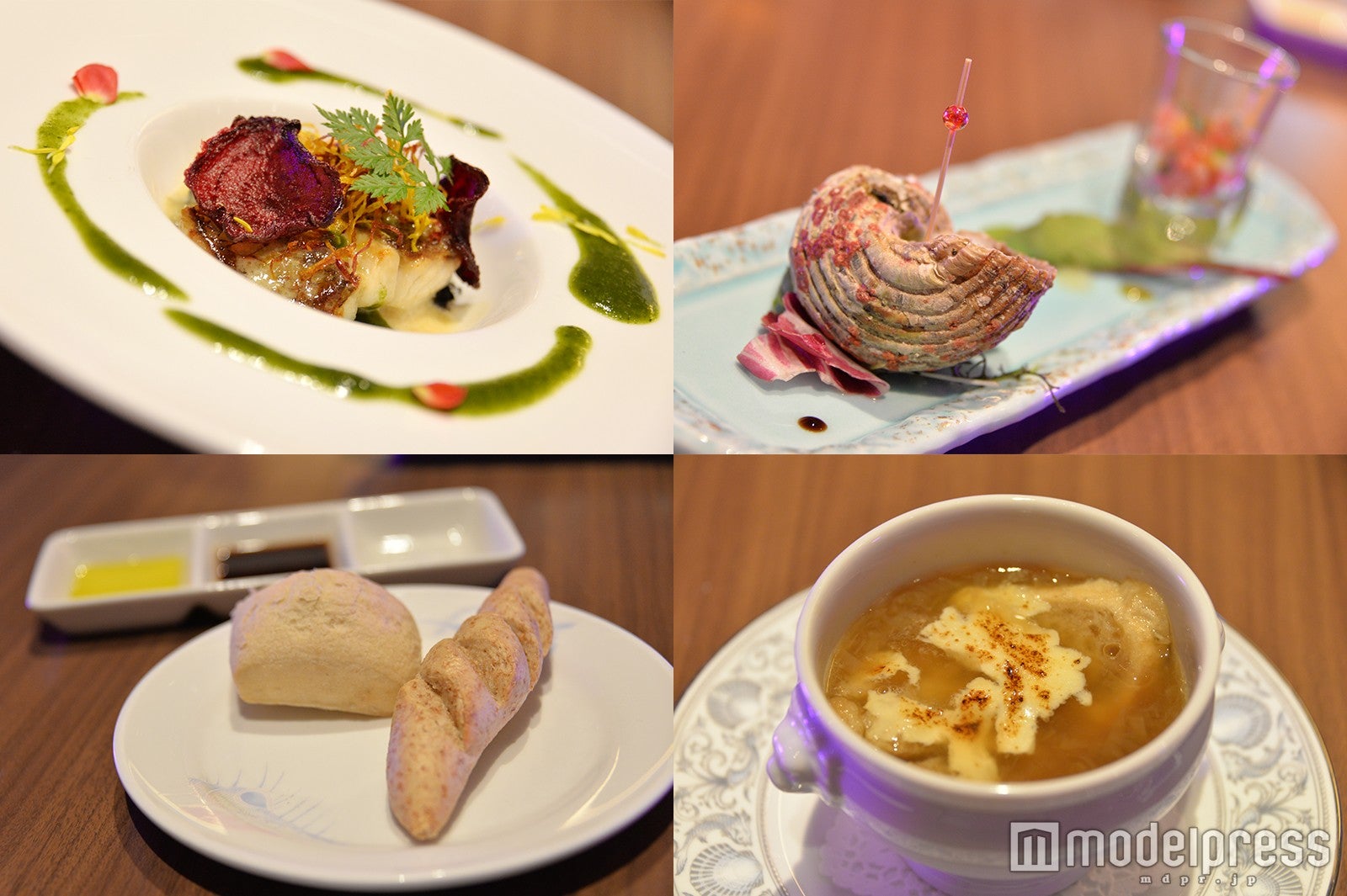 （左上から）真鯛のソテー 春菊ソース、島サザエのアオサバター焼きと県産鮪のタルタル、あぐーベーコンのオニオングラタンスープ、パン（C）モデルプレス