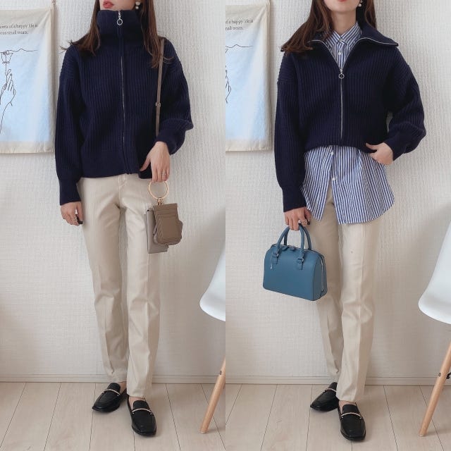 GU　ハーフジップ　ニット　コーデ　テーパードパンツ
