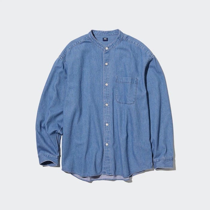 ユニクロ　uniqlo　おすすめ　オススメ　コスパ　2023　冬　メンズ　インディゴ　デニム　デニムオーバーサイズスタンドカラーシャツ　デニムシャツ　スタンドカラー