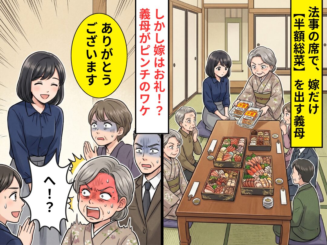 法事の席で、嫁だけ【半額総菜】を出す義母。しかし嫁「ありがとうございます！」⇒お礼のワケに…義母「へ！？」