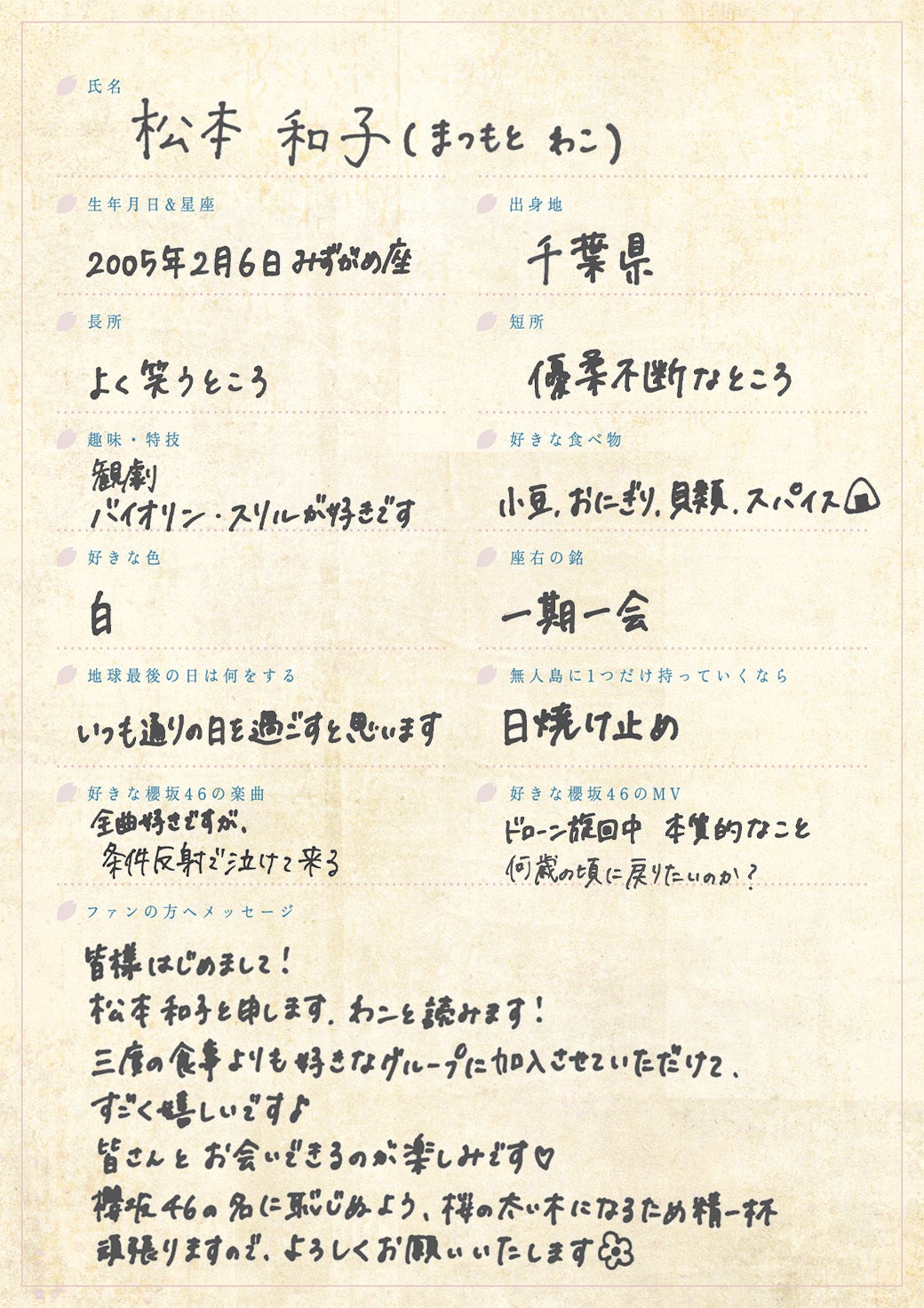 松本和子手書きプロフィール（提供写真）