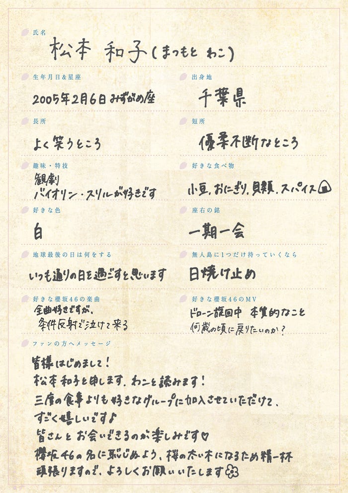 松本和子手書きプロフィール(提供写真)