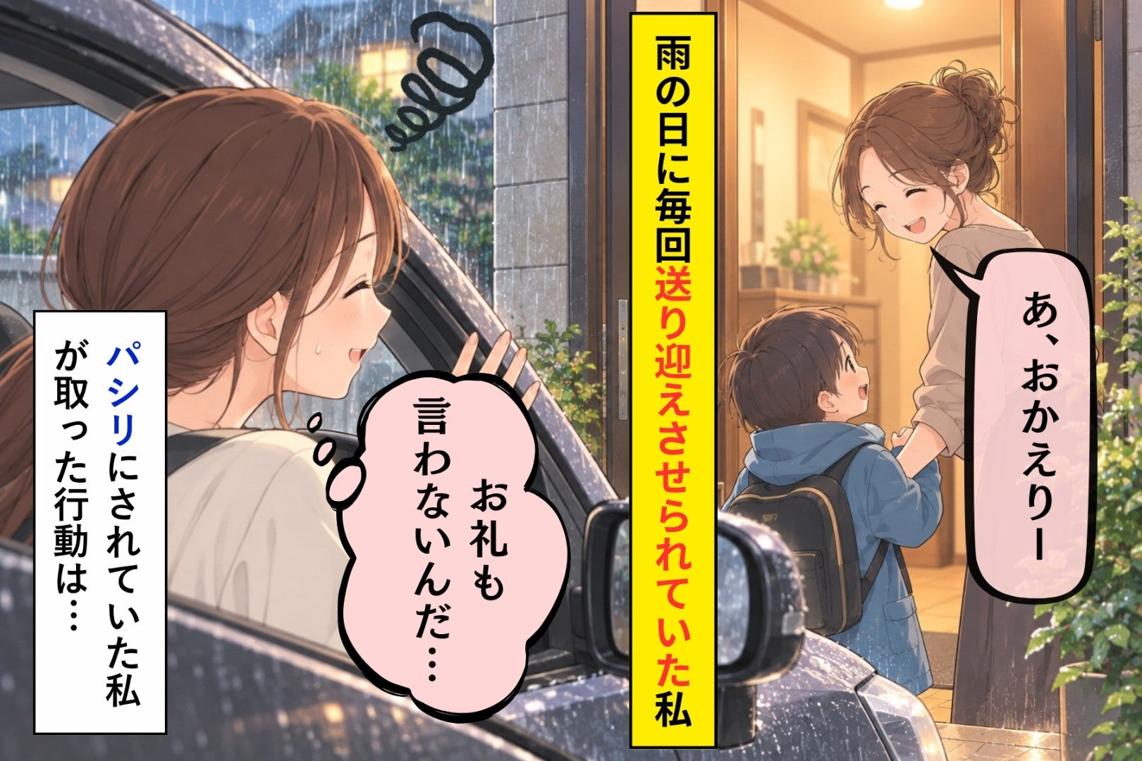 雨の日は毎回「うちの子も乗せてってくれない？」と頼むママ友→車通勤の私が、ある日打った返事