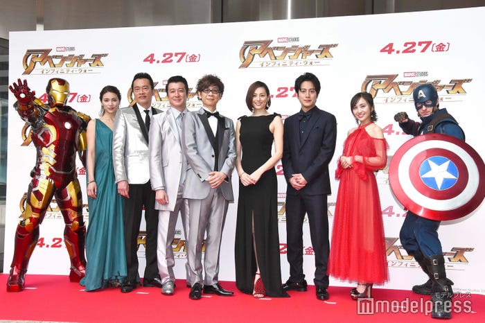 (左から)アイアンマン、秋元才加、遠藤憲一、加藤浩次、山寺宏一、米倉涼子、溝端淳平、百田夏菜子、キャプテン・アメリカ(C)モデルプレス