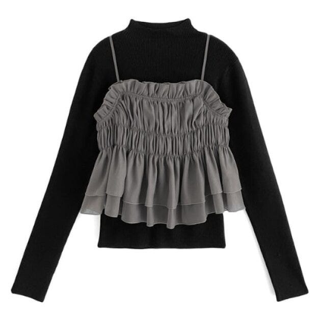 GRL ビスチェ×ニット セットアイテム 韓国っぽコーデ EccO イラスト GRLバックリボンビスチェ×リブニットトップスセット