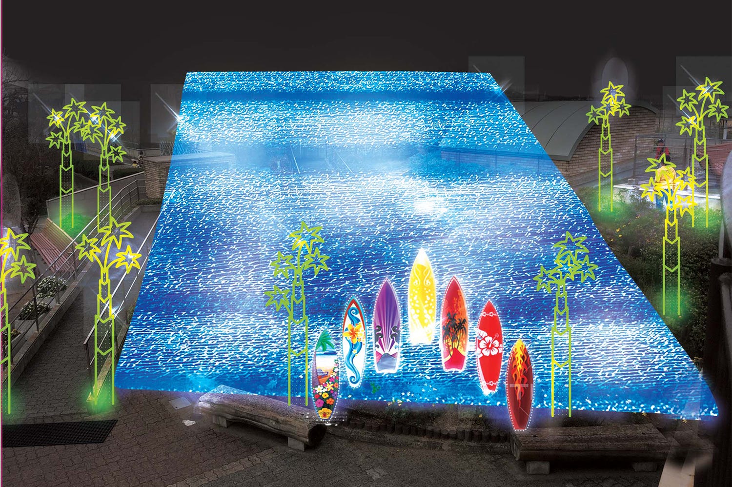 神戸でハワイ気分の夏イルミ 幻想的な夜の水族園でマッピングやヨガ体験