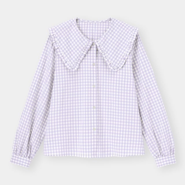淡いパープルのチェック柄フリルカラーブラウス