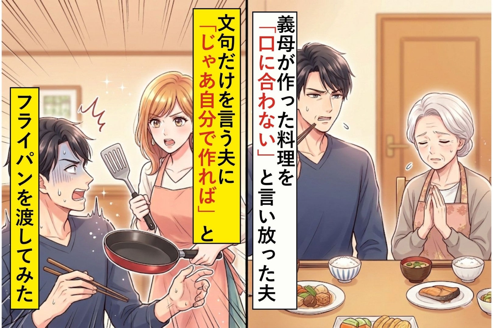 義母が作った料理を「口に合わない」と言い放った夫→文句だけを言う夫に「じゃあ自分で作れば」とフライパンを渡してみた