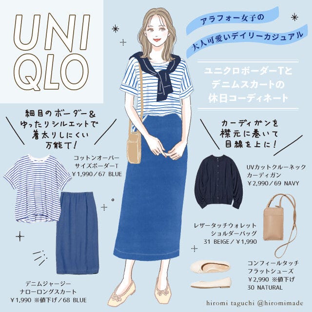 ユニクロ　コーデイラスト　コットンオーバーサイズボーダーT　デニムスカート　