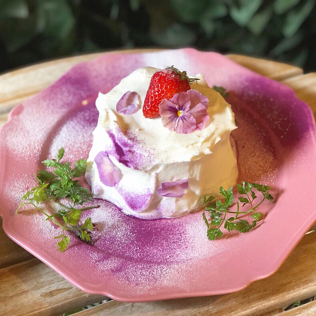 バチェラー柏原歩のカフェフード新作「ひんやりクリームチーズのパンケーキ」花といちごで華やかに