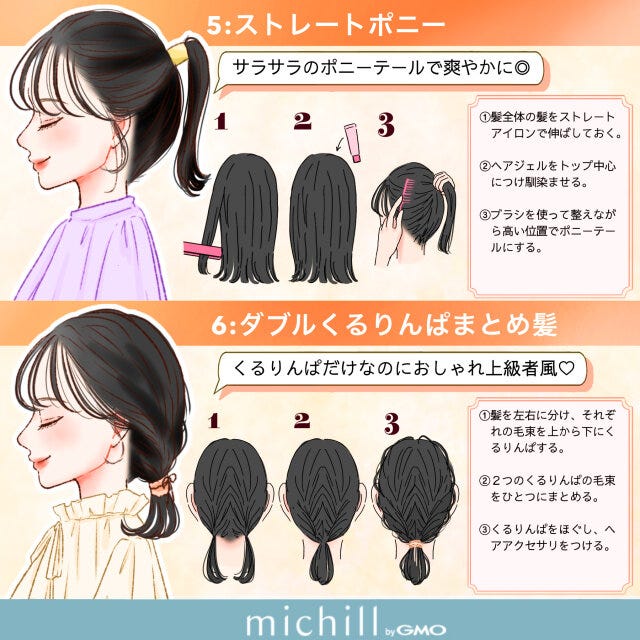黒髪　最旬アレンジ　重たさ回避　12style　kyoko.　イラスト　ストレートポニー　ダブルくるりんぱまとめ髪