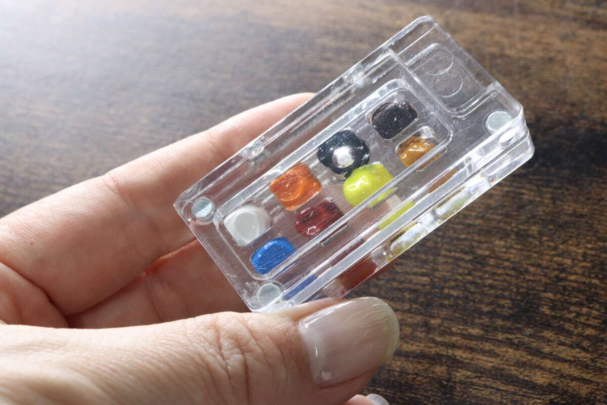 絵の具が入ったミニパレットを閉じた状態で手に持っている様子